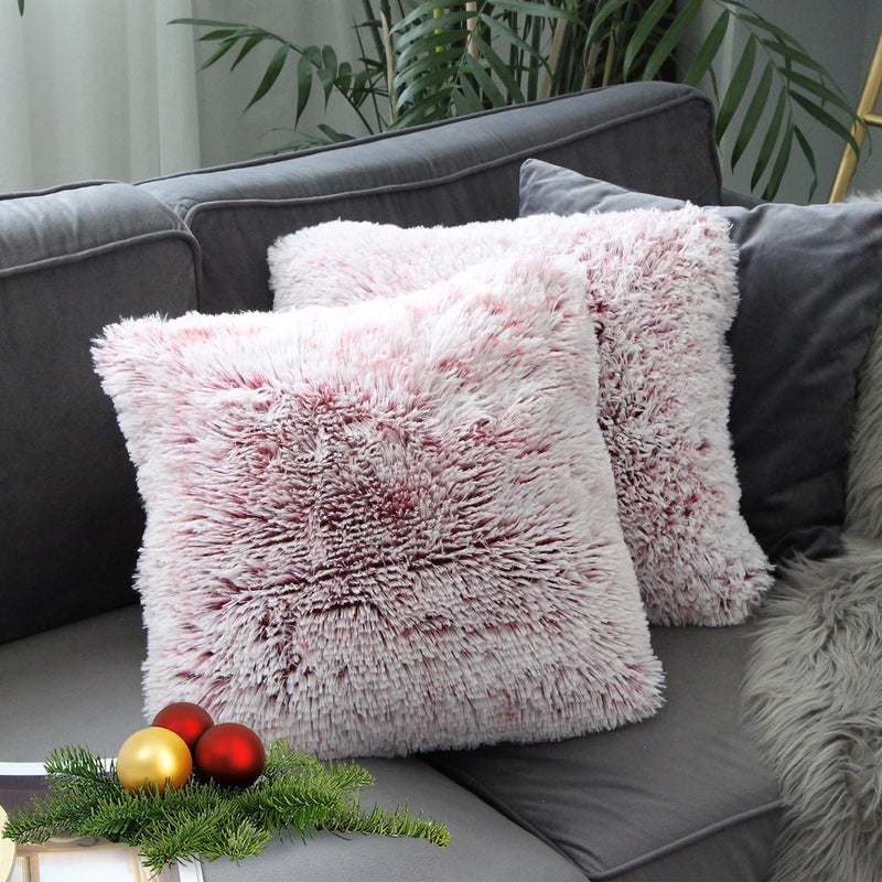 Uhomy 2 Packs Fluffy Accent Pillows Cover 18"x18", Soft Burgundy Ombre Faux Fur Throw Pillow Case, Modern Luxury Decorative Square Cushion Cover for Farmhouse Home Decor for Sofa/Bed/Chair, 45x45cm - Image 1